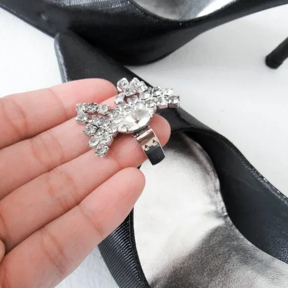 STUART WEITZMEN Classic Black Pointed Toe Pumps Crystal Charm Fringe Heels - Picture 7 of 15